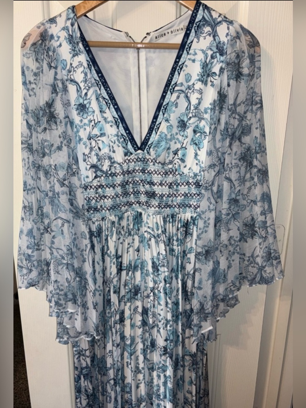 Alice + Olivia White and Light Blue Pleated Floral Maxi Dress